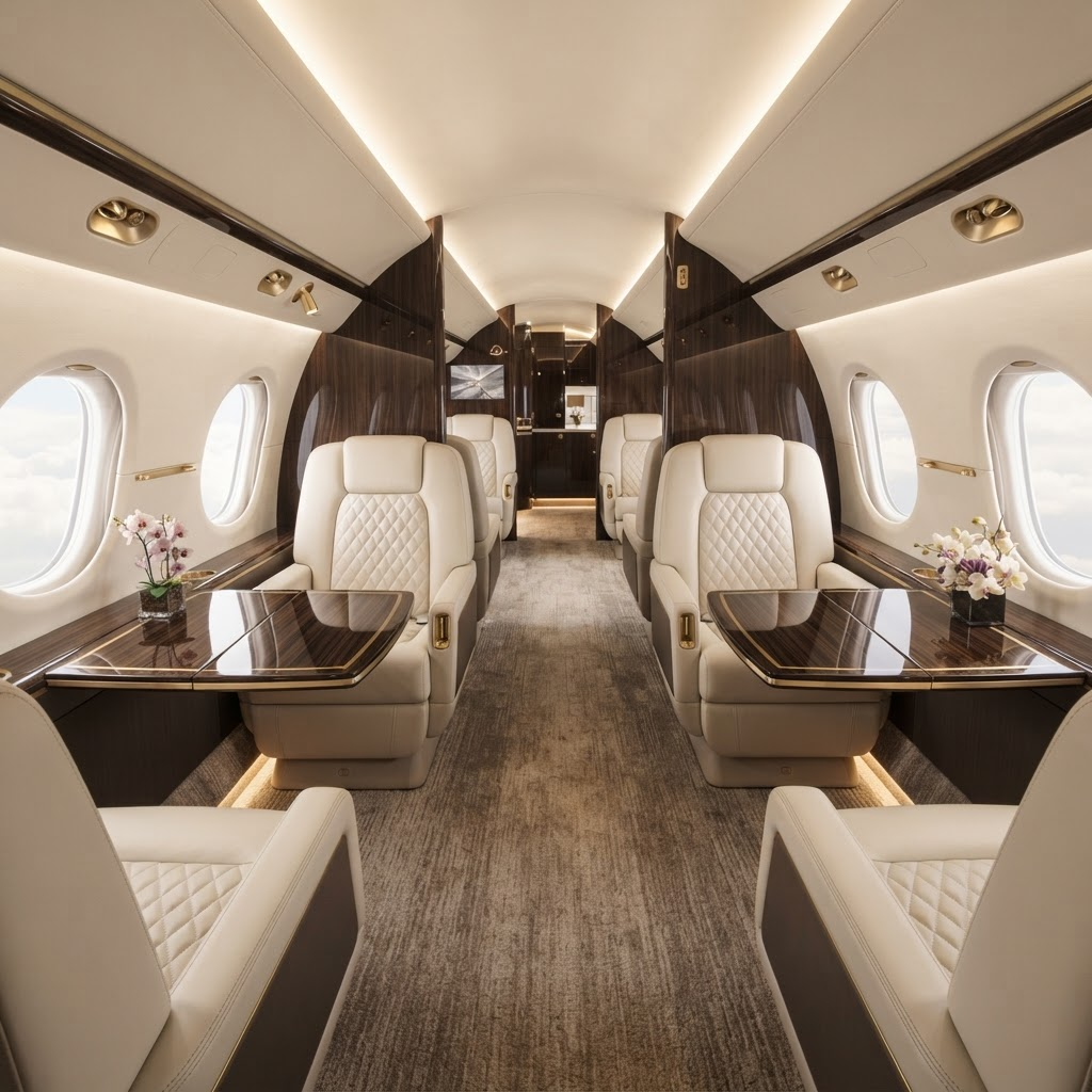 Interior of a private jet cabin with cream leather seats and walnut tables
