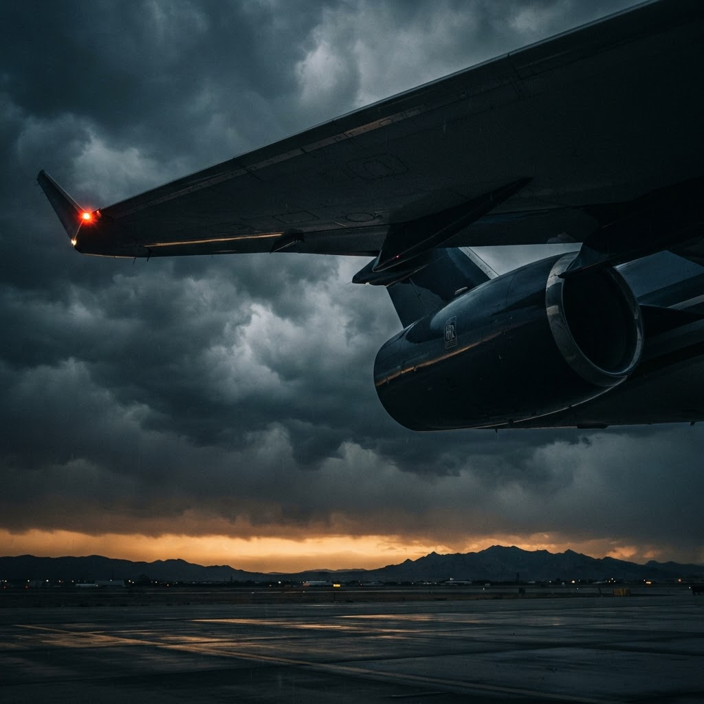 Private jet wing and engine silhouetted against a dark dusk sky