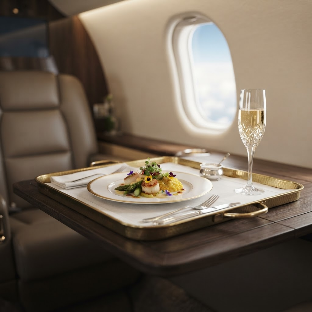 Fine dining service tray with crystal glassware aboard a private jet