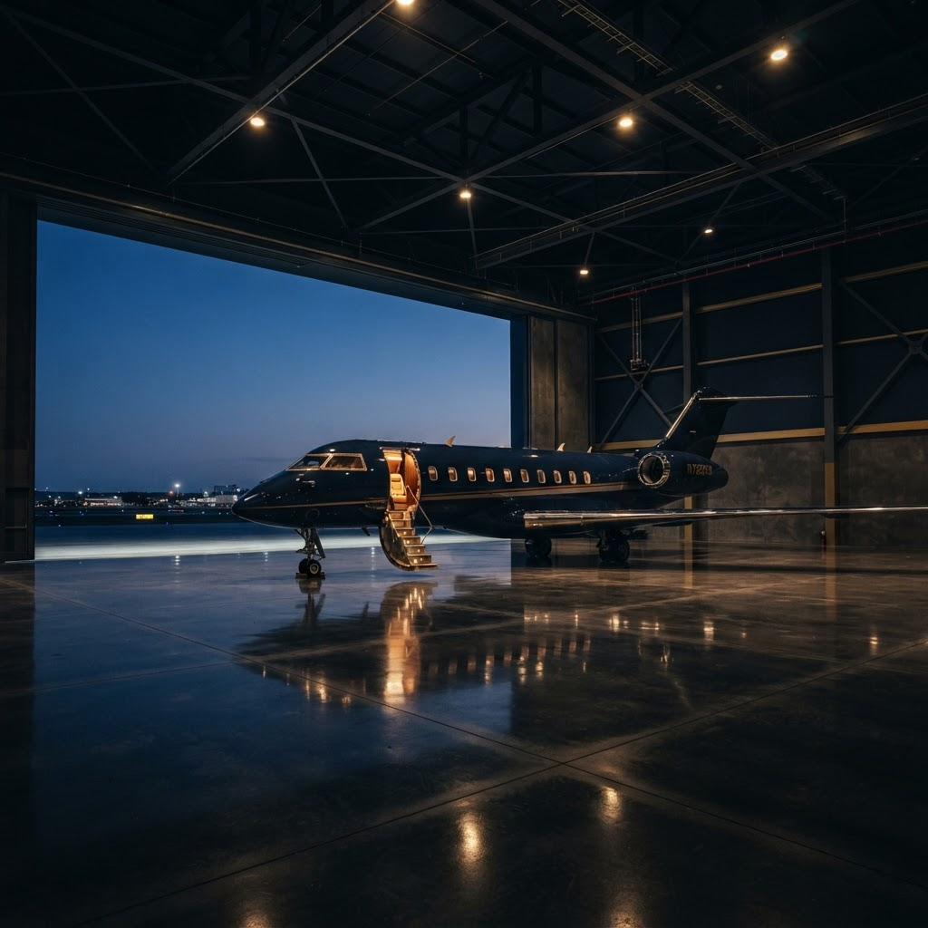 Private jet inside a lit hangar at night with doors open to a twilight sky