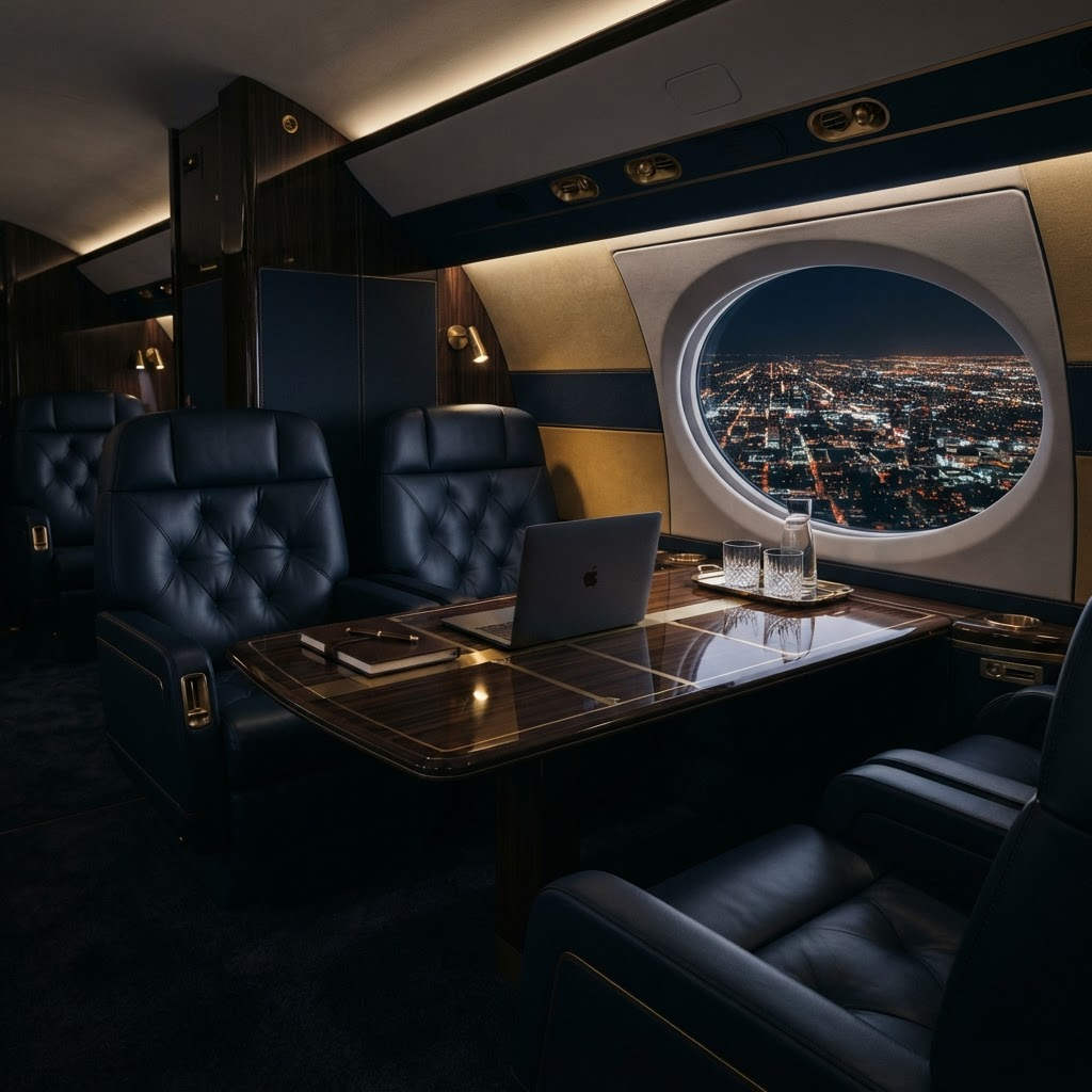 Executive private jet conference cabin with a polished table at night