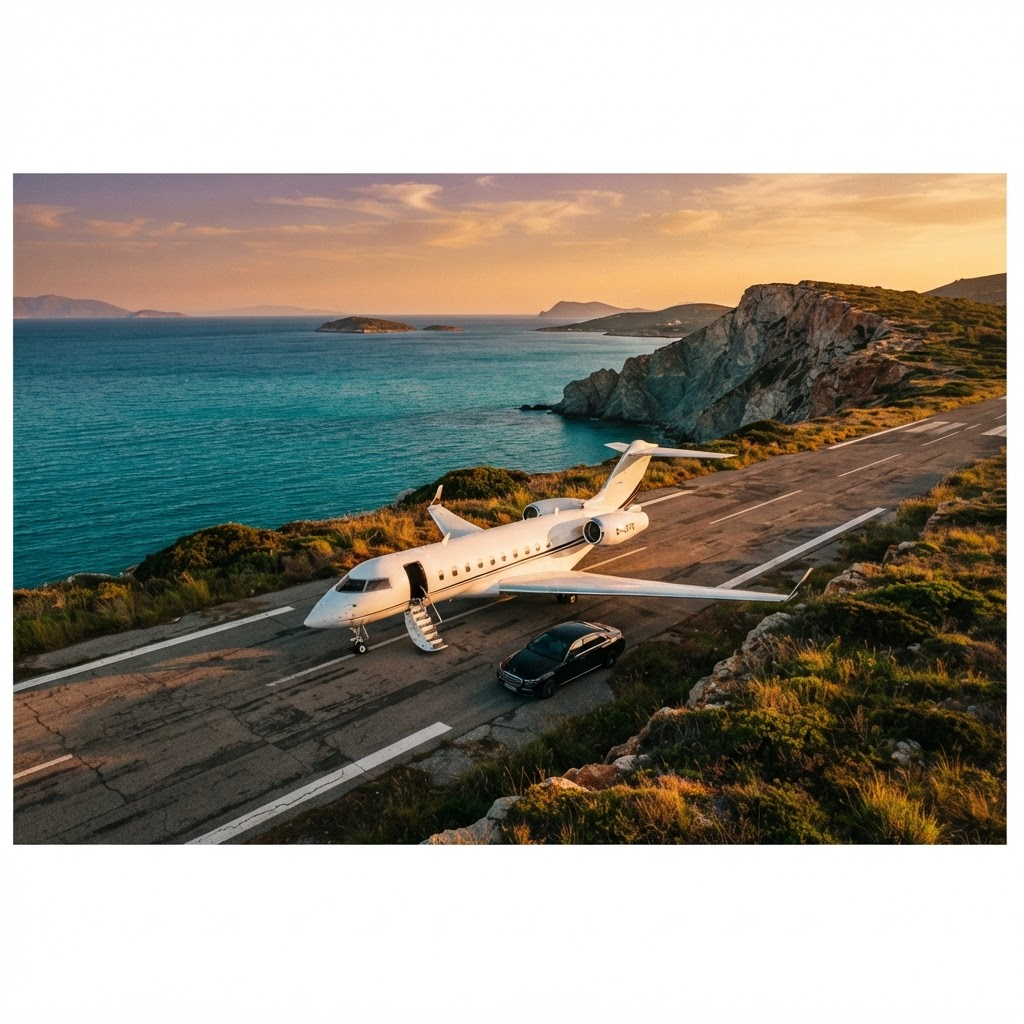 Private jet on a coastal island runway at golden hour